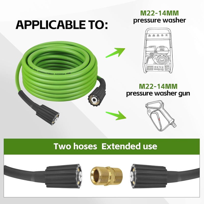 FSQLB Universal Pressure Washer Hose for Greenworks Power Washer 3300 PSI ，Replacement 5200402 for Greenworks Ryobi Electric Power Wash Hose with M22/14 Fittings (35 FT Green) - Image 3